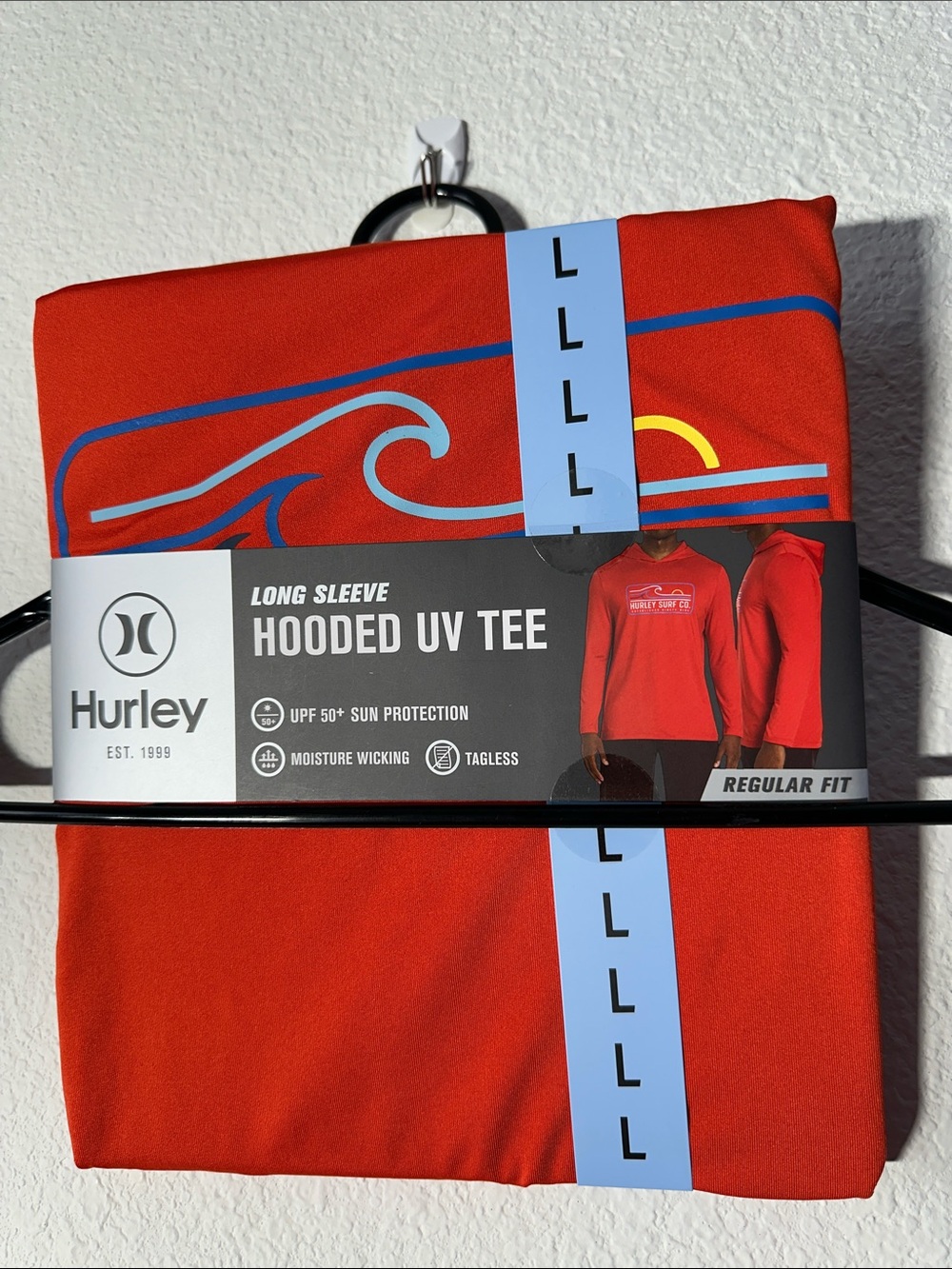 Hurley Long Sleeve Hooded UV Tee in Red with Blue Wave Graphic